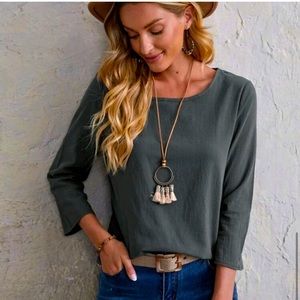 New Gray Solid Oversized Crew Neck Top Large